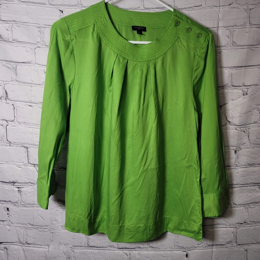 Talbots Petites Green Tencel Lyocell Pleated‎ Shoulder Button Blouse 10P 09/12